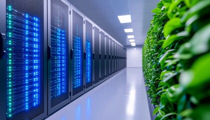 A futuristic data center aisle showcasing sustainable technology with glowing server racks next to a lush vertical green wall