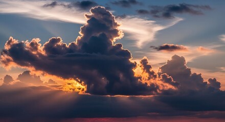 Dramatic sunset sky with voluminous dark clouds and golden sun rays breaking through, creating a beautiful and atmospheric natural scene