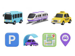 Collection of transportation icons: bus, train, taxi, parking, map, car location isolated on transparent background