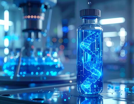 Glowing Blue DNA Double Helix Structure in a Glass Vial in a Futuristic Laboratory Setting