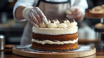 Close view of a chefs hand decorating a cake with smooth cream swirl symbolizing celebration skill patience and craft as delicate motion creates texture sweetness and artistry across a fresh dessert s