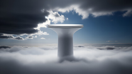 Main Subject: Futuristic, monolithic white pedestal or cylindrical tower.