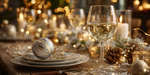 Festive table setting for a gala dinner with porcelain tableware and crystal wine glasses for Christmas and New Year's