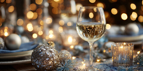 Festive table setting for a gala dinner with porcelain tableware and crystal wine glasses for Christmas and New Year's