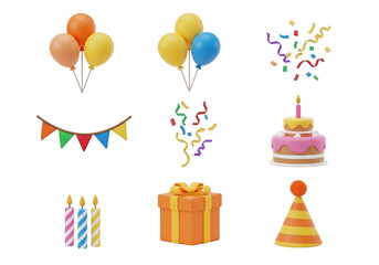 Birthday party elements: balloons, cake, gift, confetti, candles, banner, hat isolated on transparent background