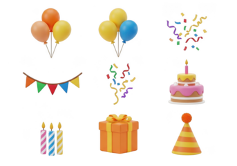 Birthday party elements: balloons, cake, gift, confetti, candles, banner, hat isolated on transparent background