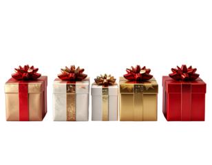Row of Festive Christmas Gift Boxes with Ribbons, Front View 3D Render, Transparent PNG 