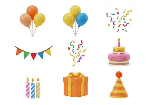 Birthday party elements: balloons, cake, gift, confetti, candles, banner, hat isolated on transparent background - Powered by Adobe