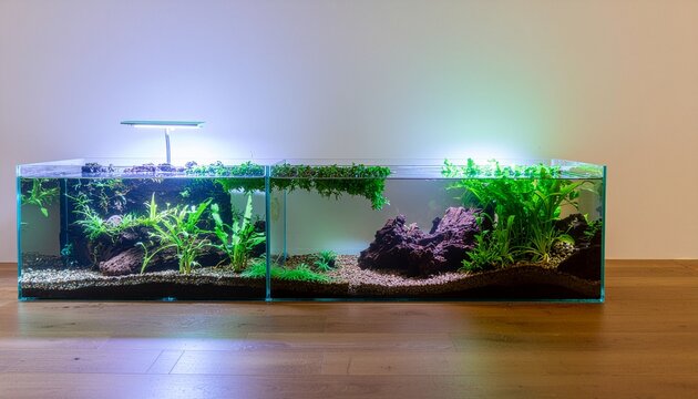 Two beautifully aquascaped tanks showcasing aquatic plants and rocks under gentle lighting
