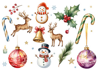 Watercolor Christmas Decor & Festive Elements: Ornaments, Candy Canes, Figures & Greenery for Holiday Design