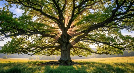 Majestic old oak tree with sprawling branches in sunlit meadow, sunlight rays shining through foliage