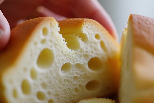 Close up of hand slicing soft, airy bread with large crumb structure