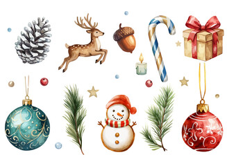 Watercolor Christmas Decor & Festive Elements: Ornaments, Candy Canes, Figures & Greenery for Holiday Design
