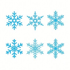 Fototapeta premium Set of Six Blue Geometric Snowflake Icons Isolated on White Background for Winter Design
