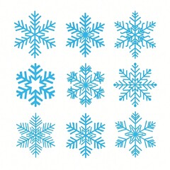Set of nine blue geometric snowflake icons isolated on white background, winter decorative vector shapes