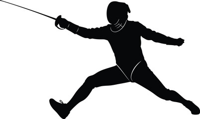 Fencer Performing Forward Lunge with Sword – Black and White Silhouette Vector Art