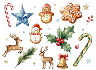 Watercolor Christmas Decor & Festive Elements: Ornaments, Candy Canes, Figures & Greenery for Holiday Design
