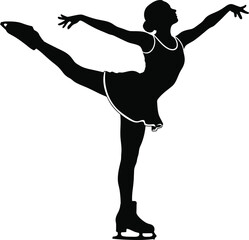 Ice Skater Performing Elegant Spin Pose &ndash; Black and White Silhouette Vector Art