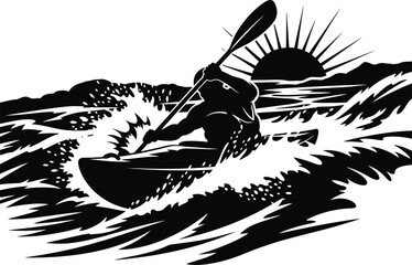 Kayaker Navigating Whitewater Rapids &ndash; Black and White Silhouette Vector Art