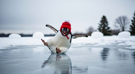 Playful penguin sliding on frozen lake in winter landscape wearing red knit hat, funny animal concept