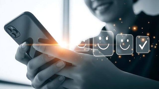 Person using smartphone to give positive customer feedback with happy emoticons - Powered by Adobe