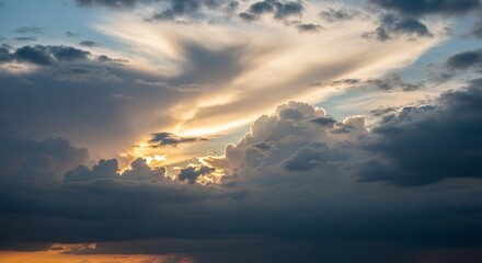 Golden light piercing through a dramatic, cloudy sky, showcasing the raw beauty and power of natures atmospheric display