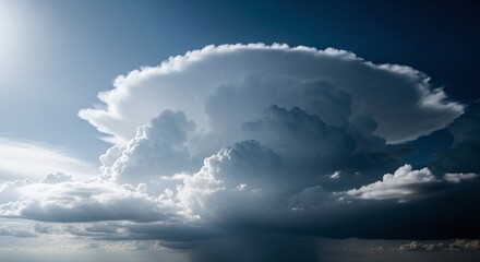 Obraz premium Dramatic cumulonimbus cloud formation with sunlight breaking through a dark sky, showcasing a powerful weather phenomenon and atmospheric beauty
