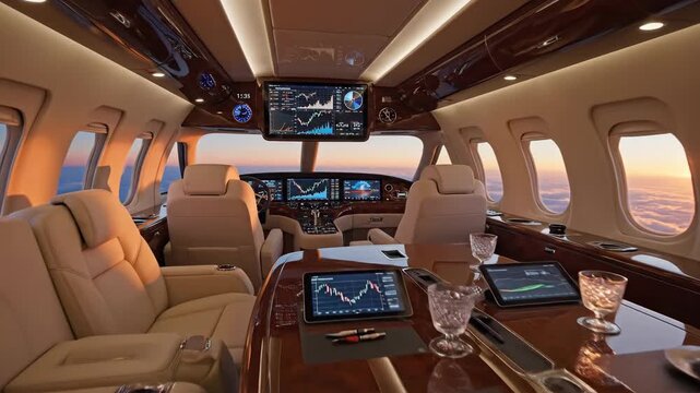 Luxurious private jet interior cabin with plush seating and advanced technology