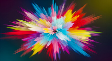 Obraz premium Abstract digital artwork featuring an explosion of vibrant colors in a dynamic, swirling pattern. The composition is centered around a burst of hues including bright reds, blues, yellows, purples, and