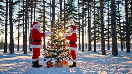 Santa and helper decorating Christmas tree in snowy woods, sharing holiday spirit, family fun, magical winter scene, creating joyful Christmas memories
