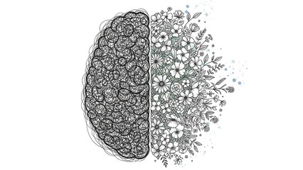 Brain Bloom: The graphic art shows the creative and logical minds. It is a visually striking metaphor.