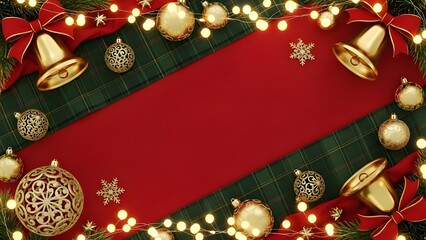 Christmas Cheer Decoration: A festive display of twinkling lights, golden bells, shimmering ornaments, snowflakes, and festive ribbons frames a blank canvas for holiday messages.