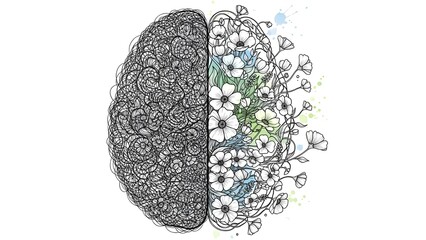Mind's Bloom: A symbolic representation of the human mind, showcasing the contrast between the analytical and creative sides through a split brain with one half filled with intricate lines.