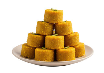 Pyramid of yellow indian sweets isolated on transparent background