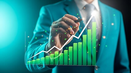 Businessman charting upward financial growth with digital graph and arrow.