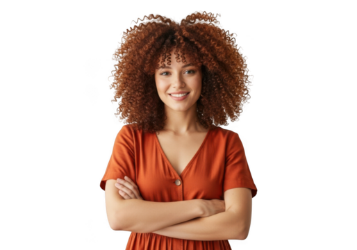 Young woman with curly hair isolated on transparent background