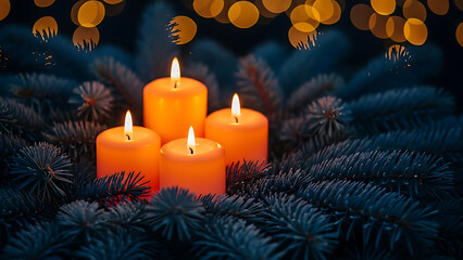 “Warm cozy Christmas scene indoors: close‑up of two glowing cream-colored candles in clear glass jars on a rustic dark wooden table, surrounded by fir branches, pine cones, and small matte red .