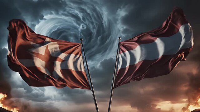 Two Latvian flags wave violently during a severe weather crisis