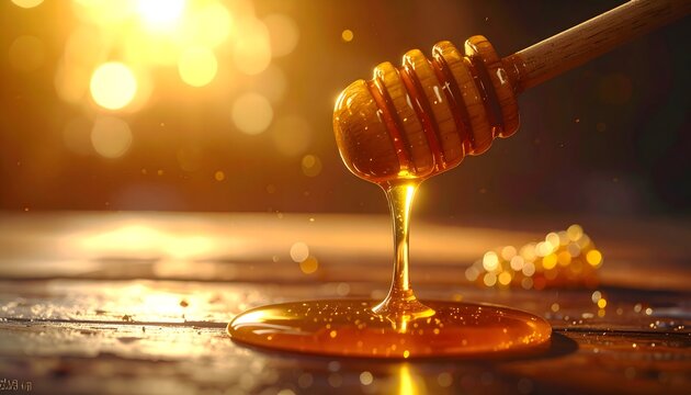 Honey dripping from a wooden dipper into a jar