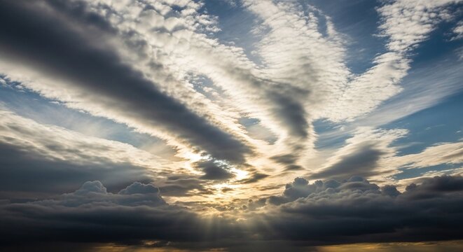Majestic and dramatic cloudscape with sunbeams piercing through the dark, heavy clouds, creating a stunning and inspiring natural phenomenon