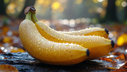 Close-up of ripe bananas with water droplets resting on leaves.