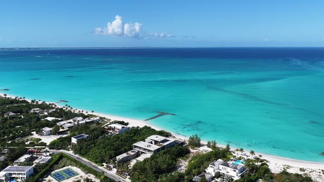 Leeward Beach At Providenciales In Overseas Territory Turks And Caicos Islands. Beach Landscape. Shades Of Blue Watercolor. Travel Destination. Leeward Beach In Providenciales. Nature Seascape.