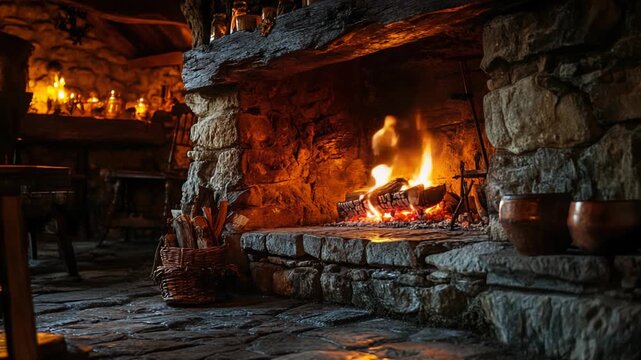 Inviting stone fireplace ambiance with crackling fire logs and warm glow atmosphere indoors