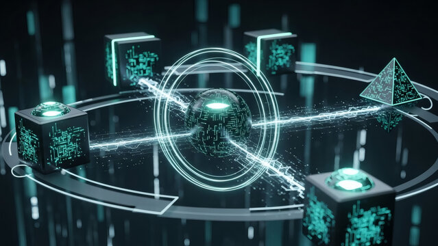 Futuristic Tech Design Abstract Digital Core with Data Cubes and Energy Stream Visualization - Powered by Adobe