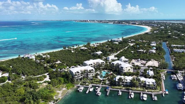 Gracie Bay Beach At Providenciales In Overseas Territory Turks And Caicos Islands. Beach Landscape. Shades Of Blue Watercolor. Travel Destination. Gracie Bay Beach In Providenciales. Nature Seascape.