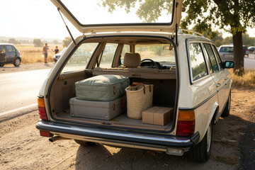 Summer journey with classic car full of luggage