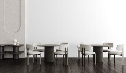 Minimalist Café Interior with Dark Wood Tables and Cream Upholstered Chairs – Cut-Out PNG for Modern Dining and Hospitality Design