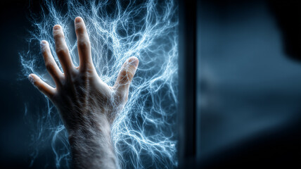 A symbolic depiction of human contact with electrical energy shown through a hand reaching into branching electric patterns representing power, connection, and technological influence.
