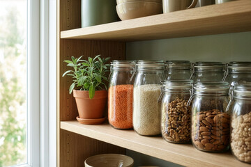 Modern Kitchen Pantry Storage with Healthy Food Ingredients