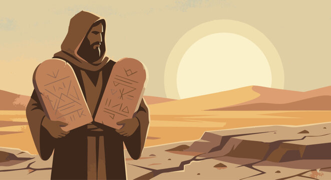  The Ten Commandments
Bible story
Moses holding two flat stone tablets, geometric lines engraved subtly, strong silhouette against a glowing horizon, muted clay and stone tones.